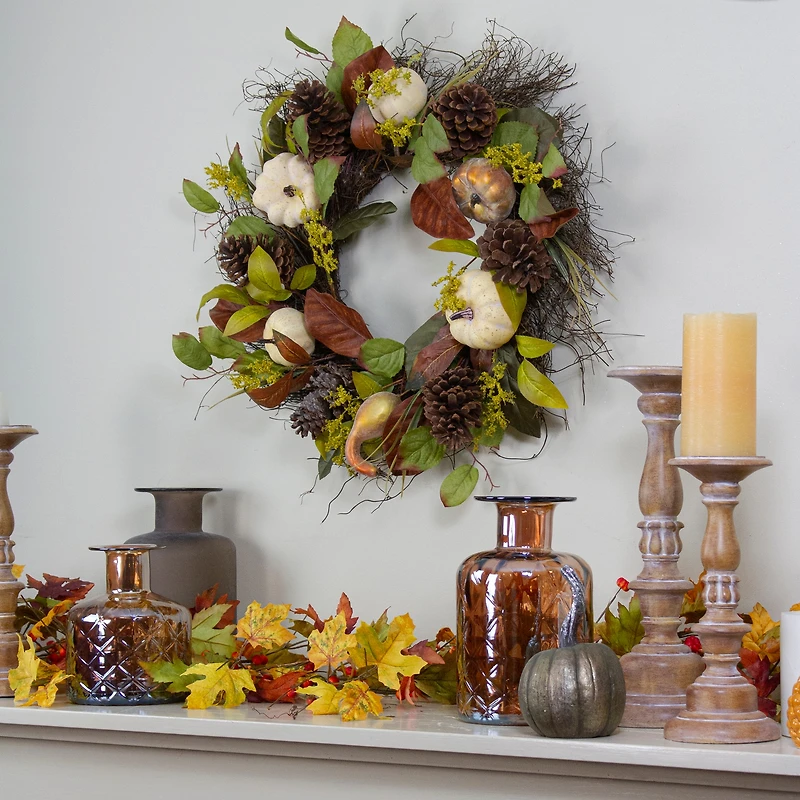 24" Pumpkin, Pinecone & Gourd Grapevine Thanksgiving Wreath