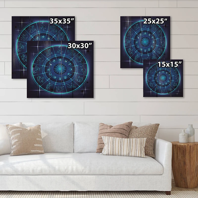 Designart - Neon Deep Blue Horoscope Circle With Zodiac Signs