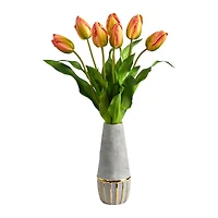22" Yellow-Orange Dutch Tulip Arrangement in Gold Trim Stoneware Vase