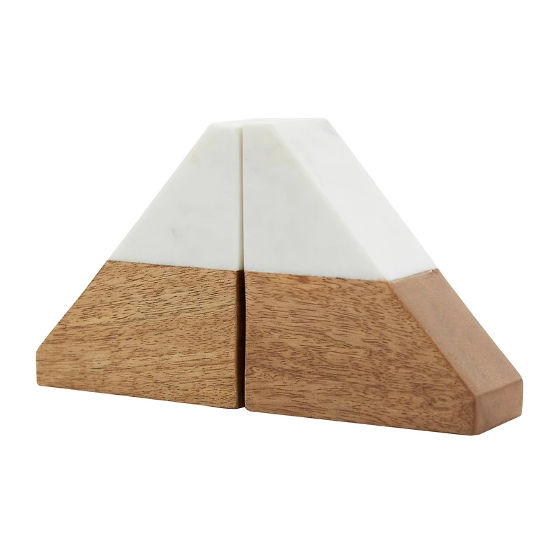 5" Marble & Wood Geometric Triangle Bookends Set