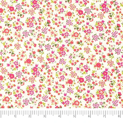 SINGER Small Pink Flowers on White Cotton Fabric