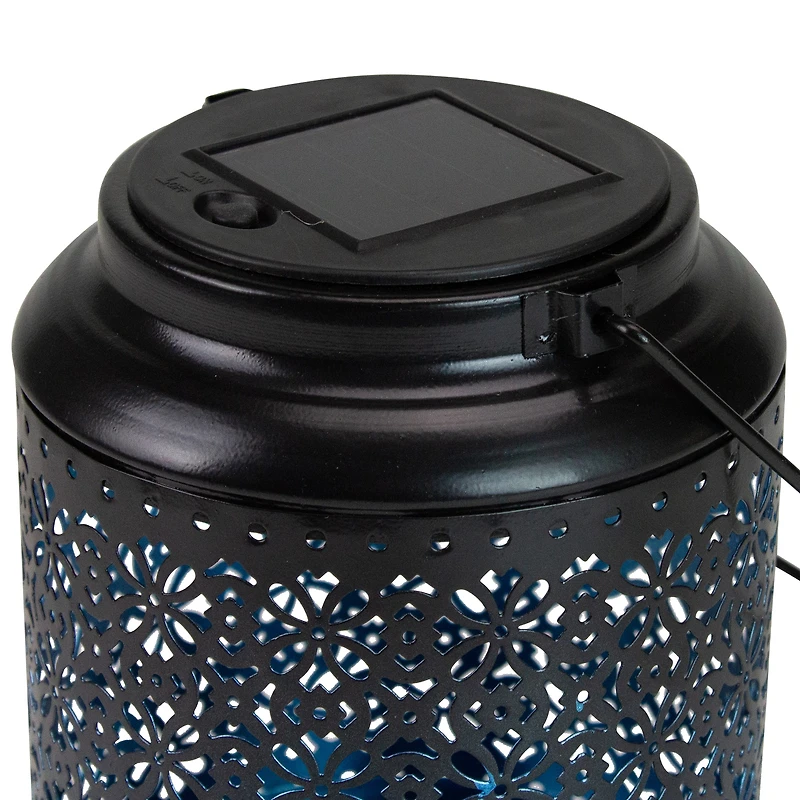 7" Black Integrated Floral LED Solar Outdoor Lantern with Handle