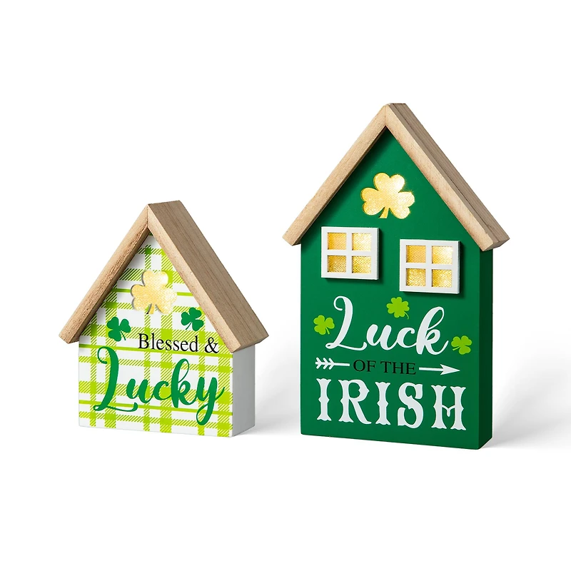 Glitzhome® Lighted St. Patrick's Wooden House Table Décor Set