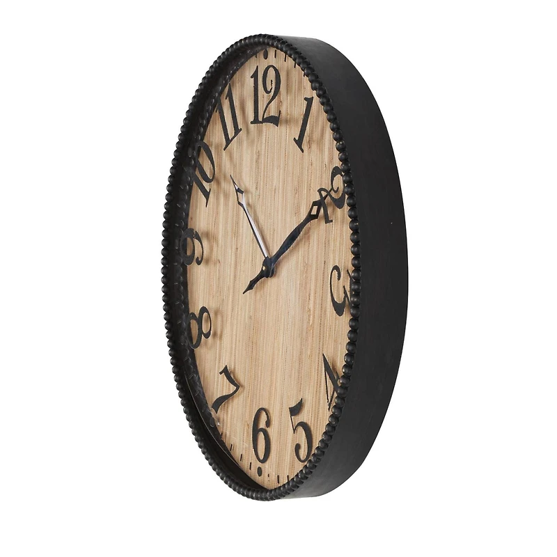 24" Light Brown Distressed Wall Clock with Black Beaded Frame