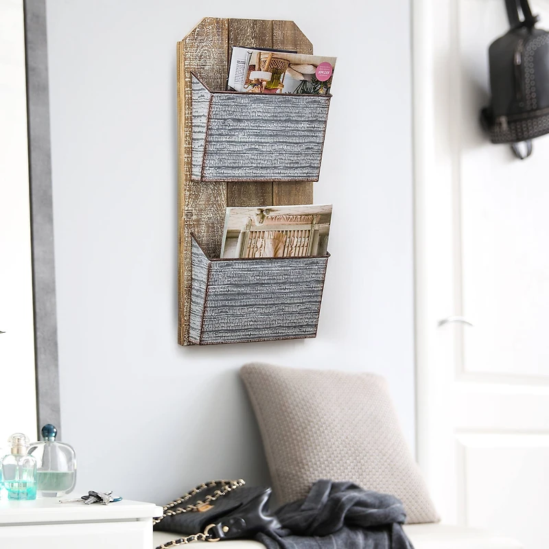 Galvanized Metal & Wood Mail & Magazine Wall Organizer