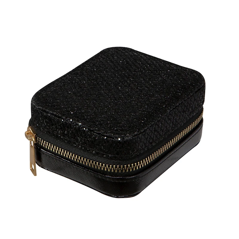 Ruby + Cash Black Sequin Mini Faux Leather Zippered Travel Jewelry Organizer Box