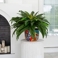3.5ft Artificial Double Boston Fern in Handmade Mexican Talavera Ceramic Planter