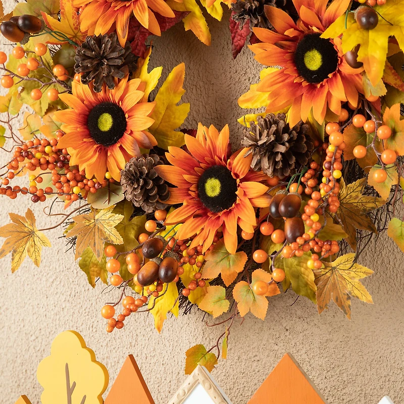 Glitzhome® 24" Fall Sunflower, Maple Leaf &  Berry Wreath