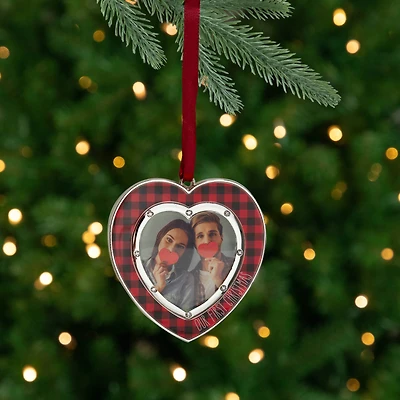 Buffalo Plaid Heart Shaped Picture Frame Christmas Ornament - 3" - Silver Finish