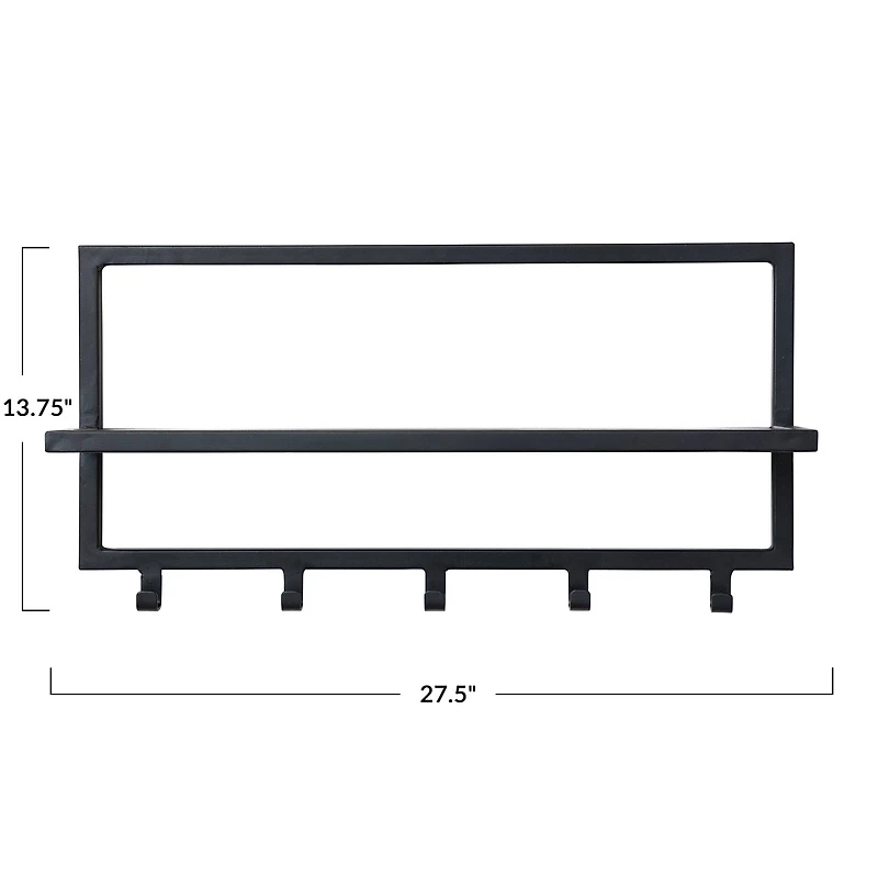 Hello Honey® Black Metal & Wood Wall Shelf with 5 Hooks
