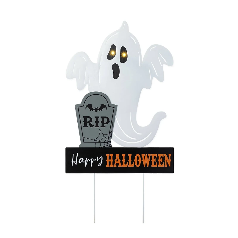 Glitzhome® 32.25"H Lighted Halloween Metal Ghost Tombstone Yard Stake with Timer