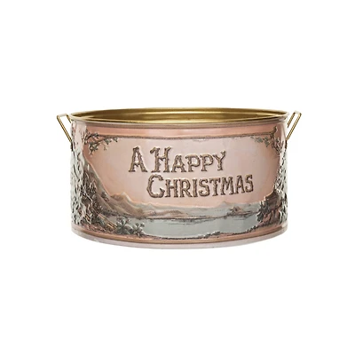 Hello Honey® 15" A Happy Christmas Embossed Metal Bucket with Handles