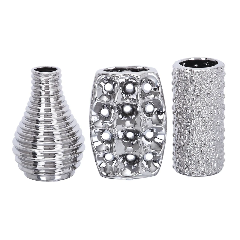 Set of 3 Silver Ceramic Glam Vase, 8" x 5"