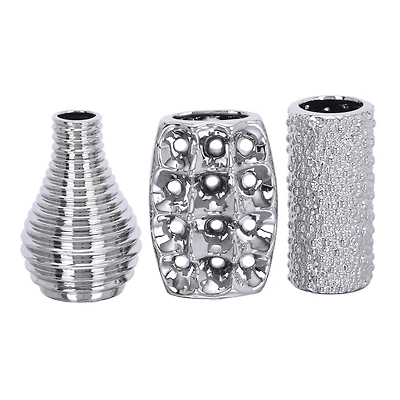 Set of 3 Silver Ceramic Glam Vase, 8" x 5"