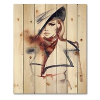Designart - Fashion Portrait of Woman With Ht - Modern Print on Natural Pine Wood