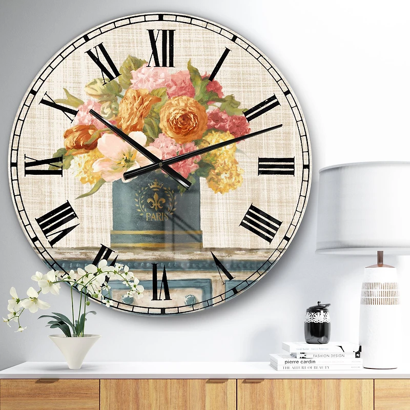 Designart 'Tulips In Teal And Gold Hatbox On Linen Cabin Wall Clock