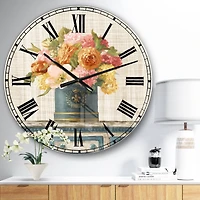 Designart 'Tulips In Teal And Gold Hatbox On Linen Cabin Wall Clock