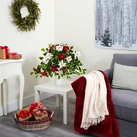 23” Poinsettia & Variegated Holly Artificial Plant in White Decorative Planter