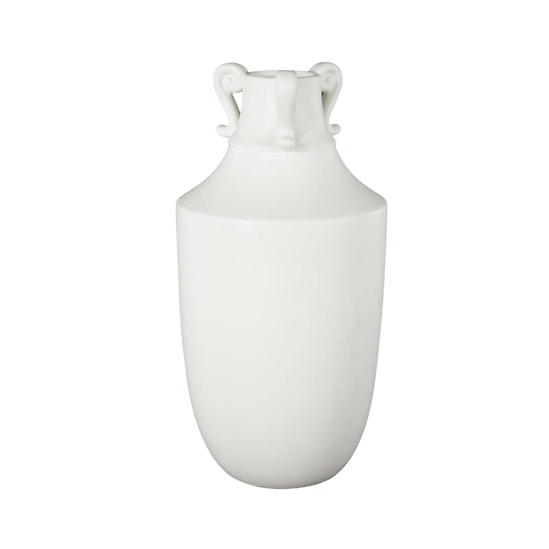 15.75" White Ceramic Sleek Amphora Vase with Scroll Handles