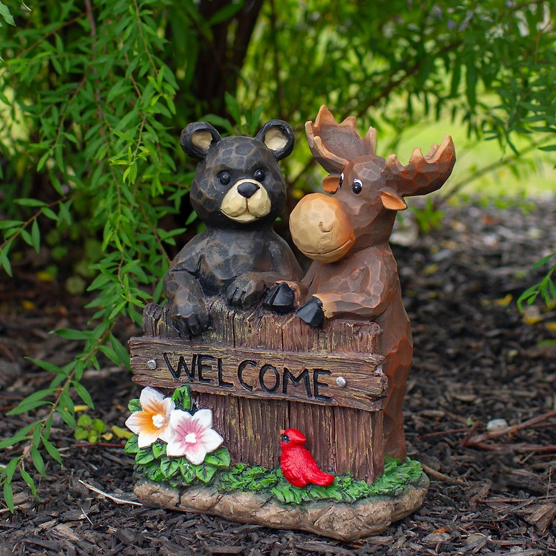 9.5" Black Bear & Moose Welcome Outdoor Garden Statue