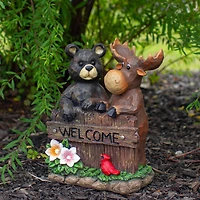 9.5" Black Bear & Moose Welcome Outdoor Garden Statue