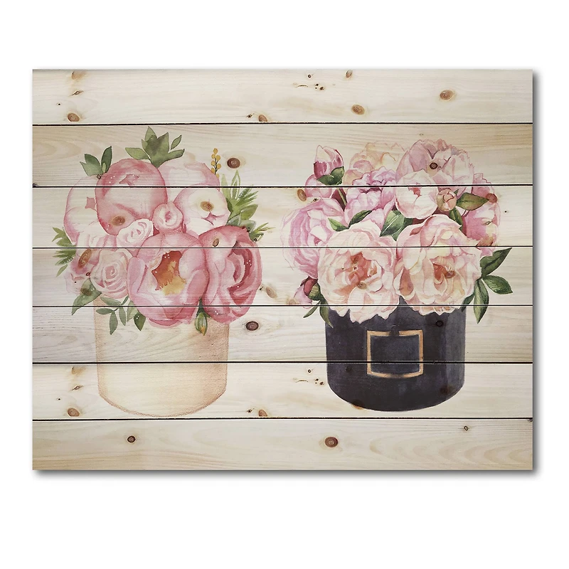 Designart - Flower Box With Peonies and Rose - Farmhouse Print on Natural Pine Wood