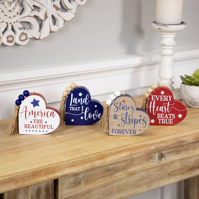 4" Patriotic Hearts Tabletop Sign Set