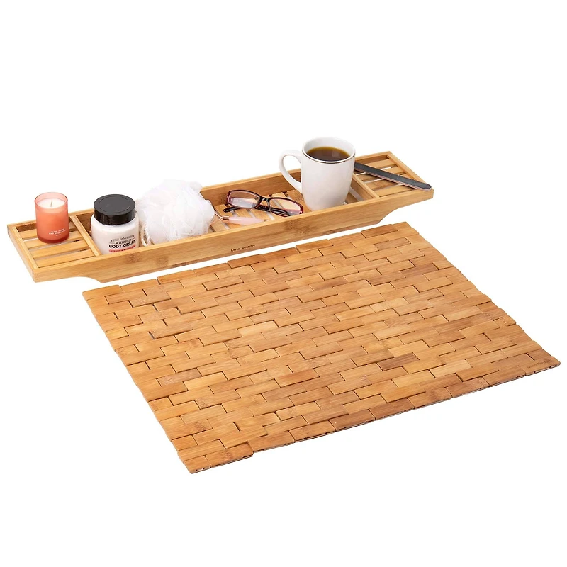 Mind Reader Bali Collection Luxury Bamboo Bath Caddy & Roll Up Mat Set