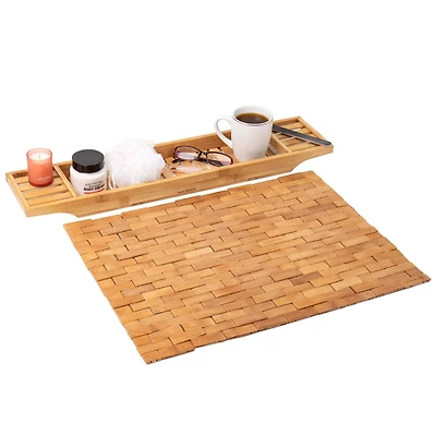 Mind Reader Bali Collection Luxury Bamboo Bath Caddy & Roll Up Mat Set