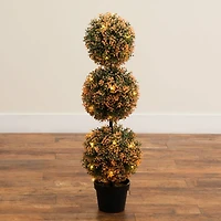 3ft. UV Resistant Autumn Triple Ball Boxwood Artificial Fall Topiary Tree with 30 Warm White LED Lights (Indoor/Outdoor)