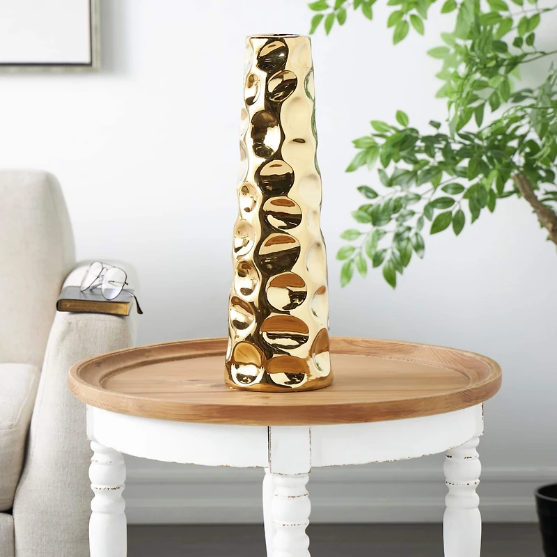 19" Gold Ceramic Concaved Circles Geometric Vase