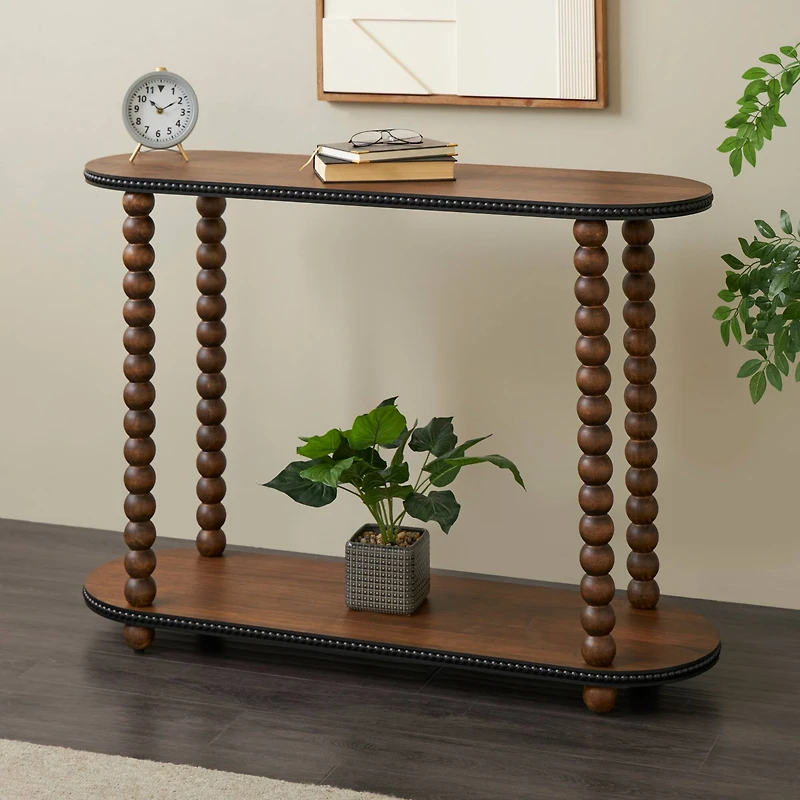 47" Brown Wood Oval Spindle 1-Shelf Living Room Console Table with Beaded Edges