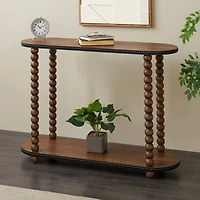 47" Brown Wood Oval Spindle 1-Shelf Living Room Console Table with Beaded Edges