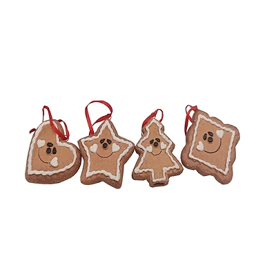 Smiling Gingerbread Heart, Star, Tree & Diamond Christmas Ornament Set