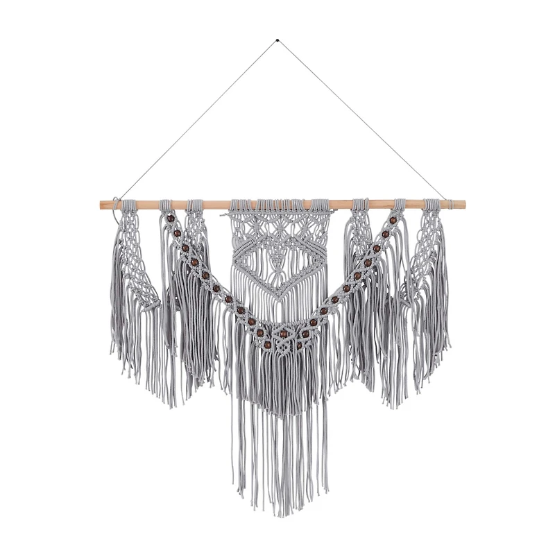 Gray Cotton Intricately Weaved Macrame Wall Decor with Beaded Fringe Tassels 36" x 1" x 47"