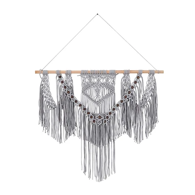 Gray Cotton Intricately Weaved Macrame Wall Decor with Beaded Fringe Tassels 36" x 1" x 47"