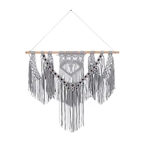 Gray Cotton Intricately Weaved Macrame Wall Decor with Beaded Fringe Tassels 36" x 1" x 47"