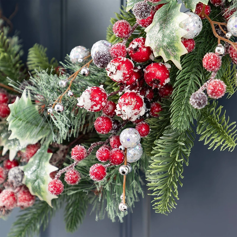 Glitzhome® 24"D Christmas Red Pomegranate Berry & Holy Leaf Wreath