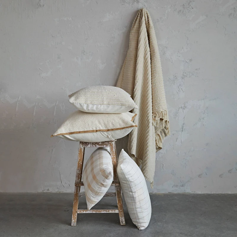 Hello Honey® 20" Beige & White Stripes with Gold Thread Cotton & Acrylic Pillow