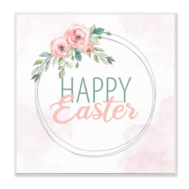 Stupell Industries Happy Easter Round Floral Border Pastel Pink Design Wall Plaque Art