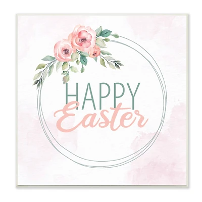 Stupell Industries Happy Easter Round Floral Border Pastel Pink Design Wall Plaque Art