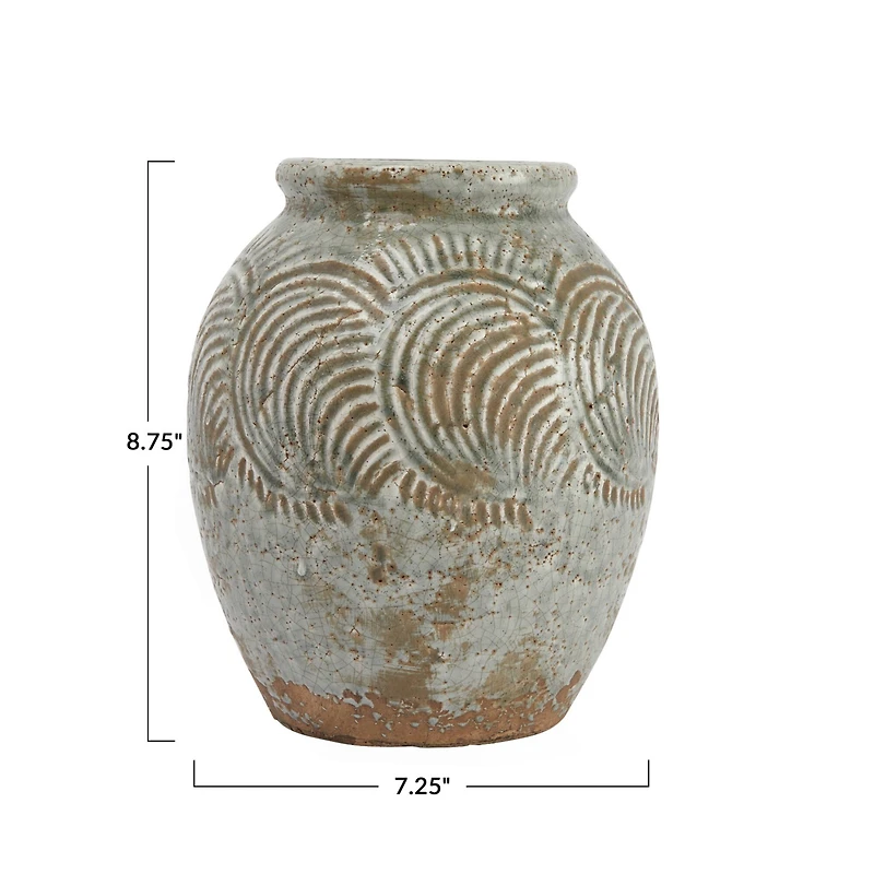 Hello Honey® 8.7" Distressed Gray Terracotta Vase with Embossed Pattern