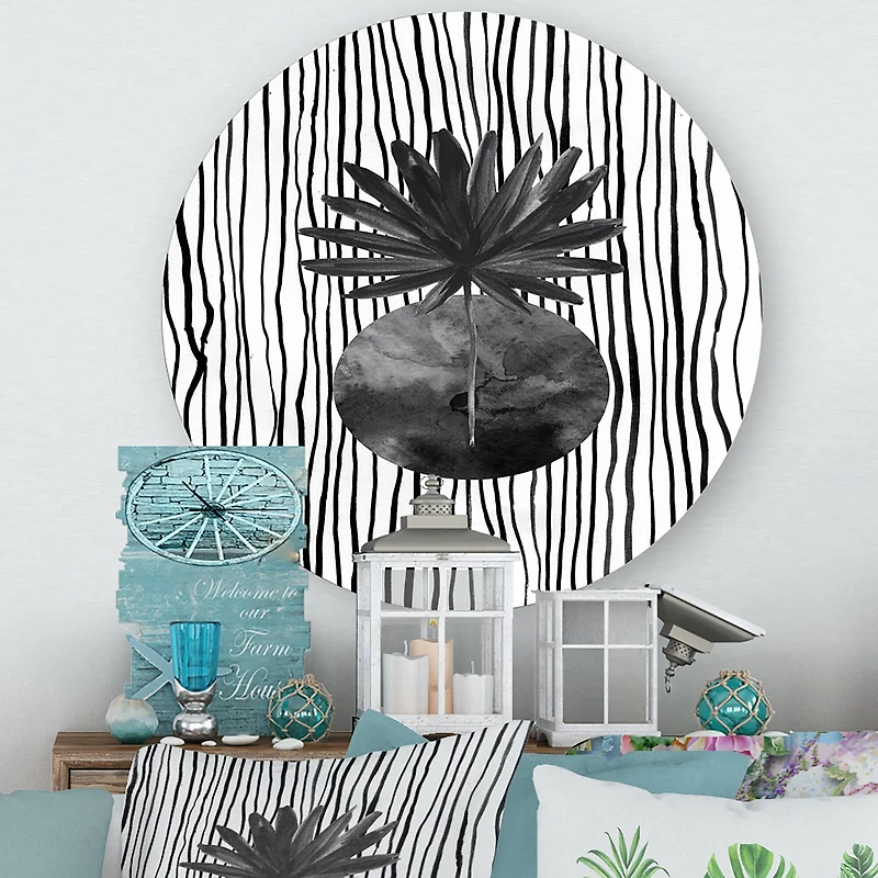 Designart - Black and White Tropical Leaf On Striped I