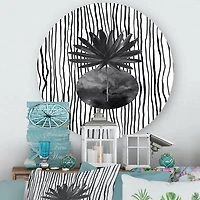 Designart - Black and White Tropical Leaf On Striped I
