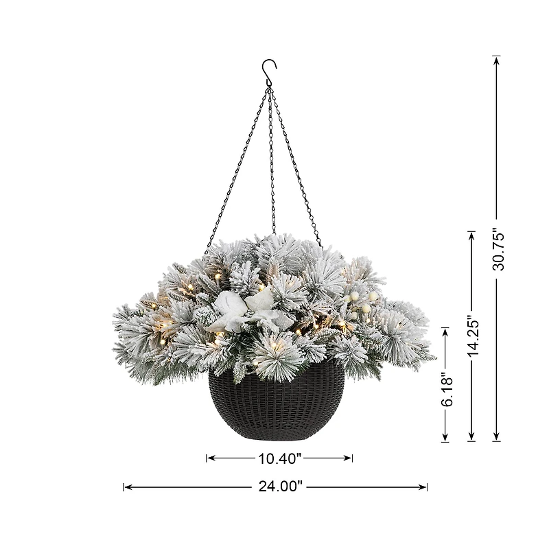 Glitzhome® 24" Pre-Lit Snow Flocked Christmas Artificial Pine Poinsettia Hanging Basket, White Lights