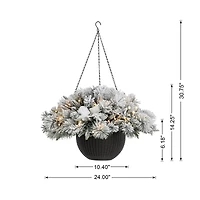 Glitzhome® 24" Pre-Lit Snow Flocked Christmas Artificial Pine Poinsettia Hanging Basket, White Lights