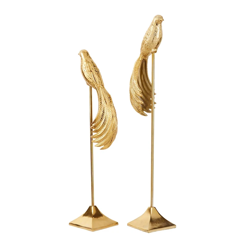 Set of 2 Gold Aluminum Eclectic Bird Sculpture, 32", 27"