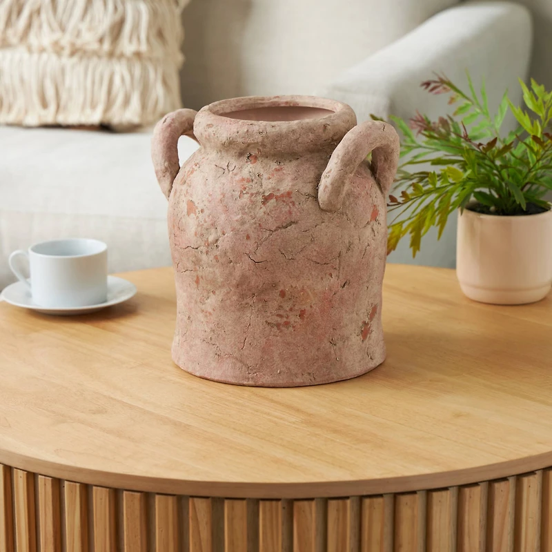 10.5" Pink Ceramic Antique Style Distressed Decorative Vase with Handles