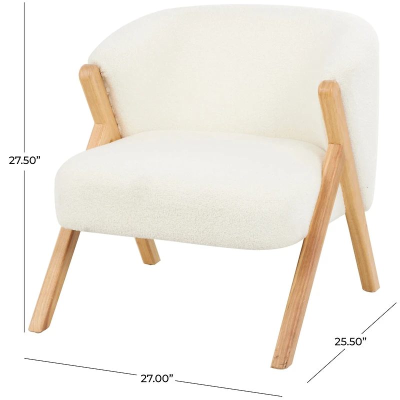 White Polyester Rounded Boucle Accent Chair with Angled Wooden Legs