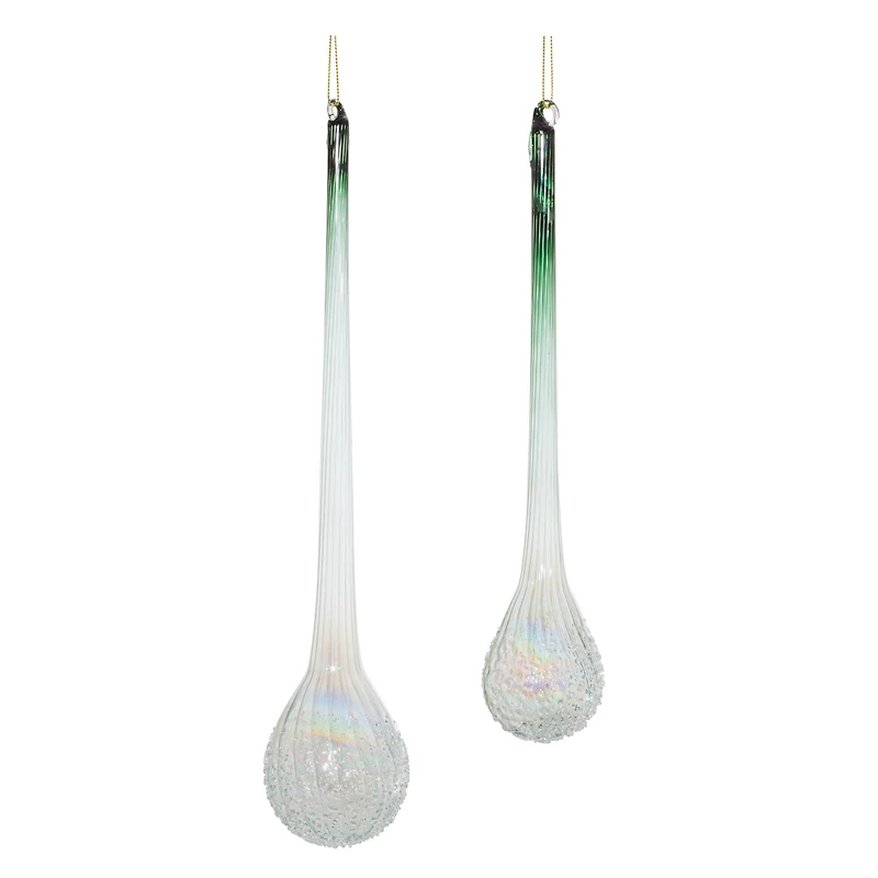 Green Iridescent Ribbed Glass Icicle Drop Ornaments Set